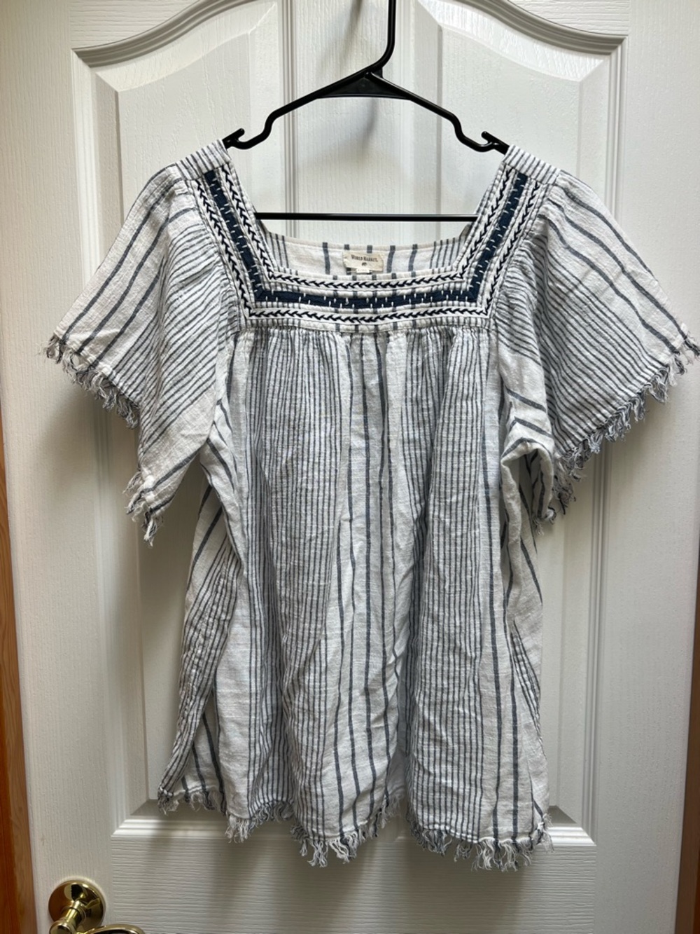 Cost Plus World Market Embroidered Navy & White Striped Square-Neck Blouse L/XL